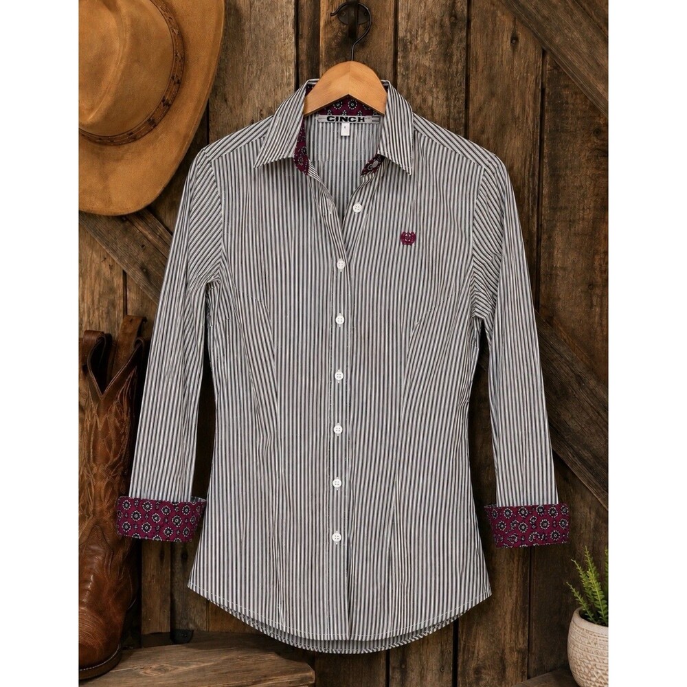 Cinch Women's Western Shirt M Black White Stripe Paisley Trim Cowgirl Rodeo